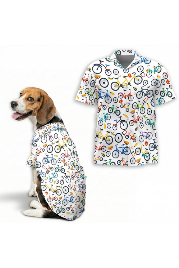 Bicycle Pattern Hawaiian Shirt for Men and Dogs, Cycling Theme Short Sleeve Button Down Summer Shirt, Matching Pet Outfit