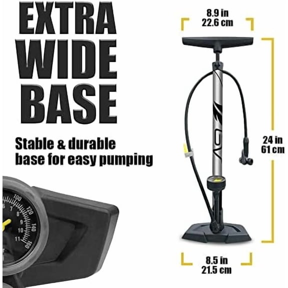 Bicycle Pump Durable Bike Floor Pump 17/24 inch Smart Valve Head, 160 psi, Automatically Reversible Presta and Schrader Silver- Full Size