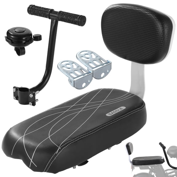 Bicycle Rear Seat with Backrest & Armrest, PU Leather Soft Cushion Passenger Seat, Rear Bike Seat with Footrests & Bell, Comfortable Waterproof Padded Back Bike Seat