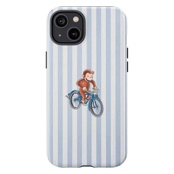 Bicycle Riding Curious Monkey Phone Case, Cute Cartoon Animal on Blue Stripe Background, Whimsical Artistic iPhone Cover for iPhone 17 16 15 14 13 12 11 Plus Pro Max Mini