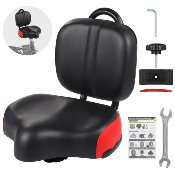 Bike Seat with Backrest, Oversized Bicycle Saddle with Back Support, Wide Bike Padded PU Cushion Saddle, Universal Saddle Replacement for Tricycle, Height Adjustable