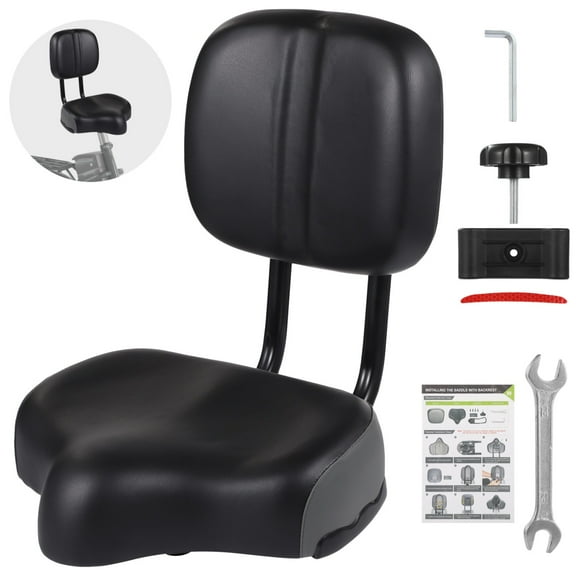 Bike Seat with Backrest, Oversized Bicycle Saddle with Back Support, Wide Bike Padded PU Cushion Saddle, Universal Saddle Replacement for Tricycle, Height Adjustable