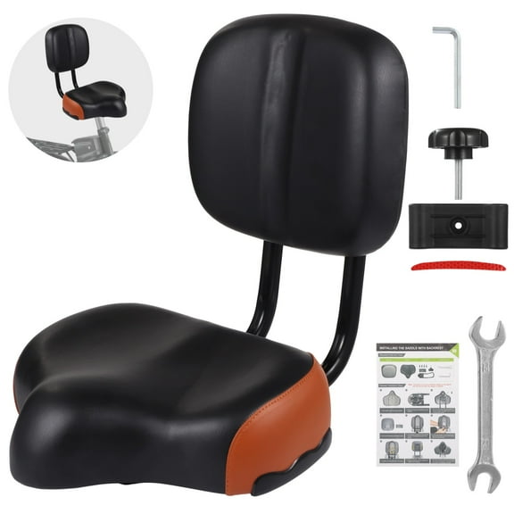 Bike Seat with Backrest, Oversized Bicycle Saddle with Back Support, Wide Bike Padded PU Cushion Saddle, Universal Saddle Replacement for Tricycle, Height Adjustable