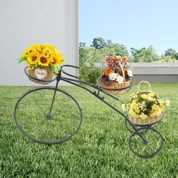 Bicycle Shape Modern Three-Tier Plant Stand with Stable Baskets, Free Standing Iron Frame for Home, Garden, and Balcony  Black