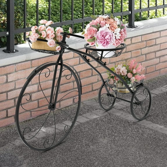 Bicycle Shape Modern Three-Tier Plant Stand with Stable Baskets, Free Standing Iron Frame for Home, Garden, and Balcony  Black