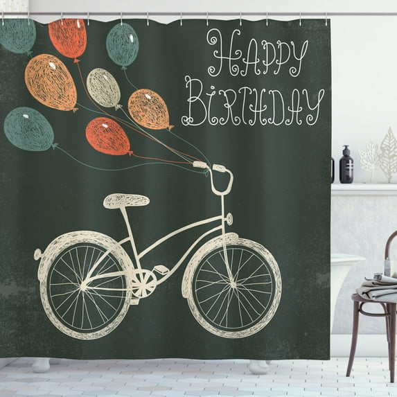 Bicycle Shower Curtain, Retro Style Composition with Bike Ballons and Happy Birthday Quote Party Theme, Fabric Bathroom Set with Hooks, 69"WX70"L, Multicolor, by Ambesonne