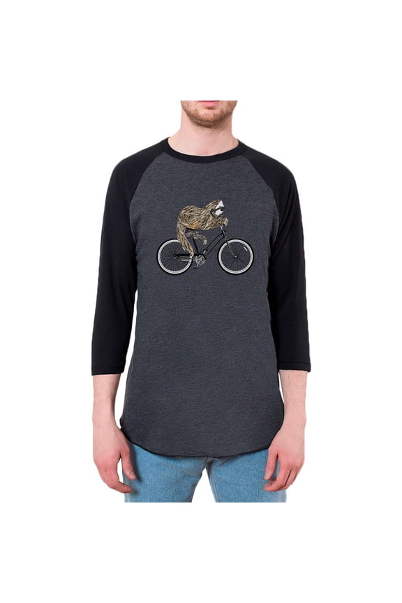 Bicycle Sloth Mens Soft Raglan T Shirt Heather Black-Black SM