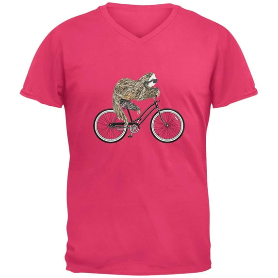 Bicycle Sloth Mens V-Neck T Shirt Hot Pink 2XL