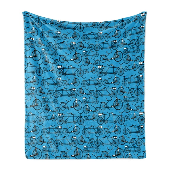 Bicycle Soft Flannel Fleece Blanket, Antique Cartoon Style Bikes on Blue Background Retro Pattern with Wheels, Cozy Plush for Indoor and Outdoor Use, 50" x 60", Blue Black and White, by Ambesonne