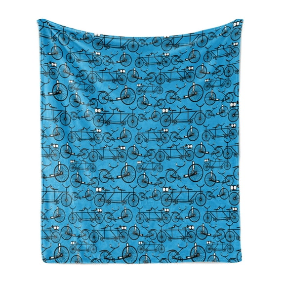 Bicycle Soft Flannel Fleece Blanket, Antique Cartoon Style Bikes on Blue Background Retro Pattern with Wheels, Cozy Plush for Indoor and Outdoor Use, 60" x 80", Blue Black and White, by Ambesonne