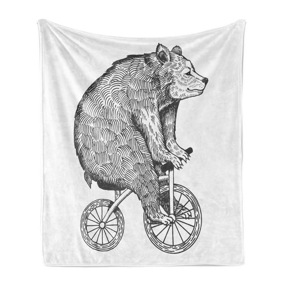Bicycle Soft Flannel Fleece Blanket, Circus Bear on a Bicycle Sketchy Illustration Monochrome Funny Animal, Cozy Plush for Indoor and Outdoor Use, 50" x 60", Charcoal Grey and White, by Ambesonne
