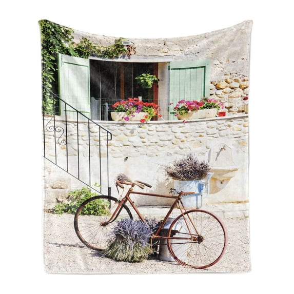 Bicycle Soft Flannel Fleece Blanket, European French Mediterranean Rural Stone House with Bike Countryside Provence Day, Cozy Plush for Indoor and Outdoor Use, 50" x 60", Multicolor, by Ambesonne