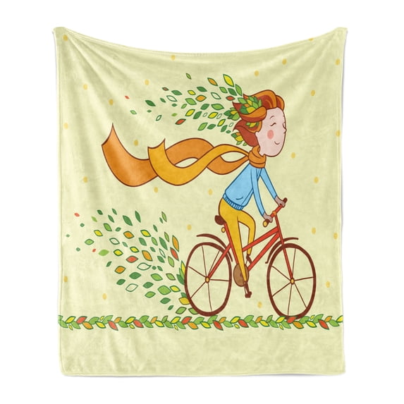 Bicycle Soft Flannel Fleece Blanket, Girl Riding Bicycle in the Countryside Autumn Nature Colorful Leaves Flying in Wind, Cozy Plush for Indoor and Outdoor Use, 50" x 70", Multicolor, by Ambesonne
