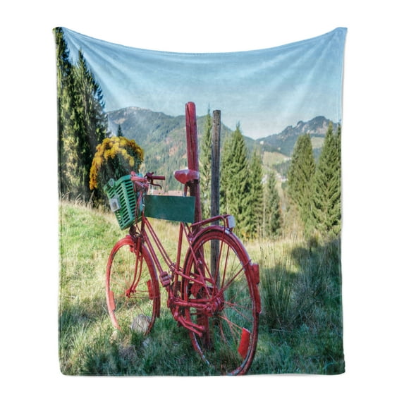 Bicycle Soft Flannel Fleece Blanket, Mountain Landscape Illustration of Old Bike with Wild Yellow Flowers in the Basket, Cozy Plush for Indoor and Outdoor Use, 60" x 80", Multicolor, by Ambesonne