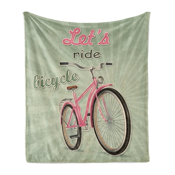 Bicycle Soft Flannel Fleece Blanket, Retro Featured Pop Art Style Urban Dated Bike with Expanding Stripes Velocity Print, Cozy Plush for Indoor and Outdoor Use, 50" x 60", Green Pink, by Ambesonne