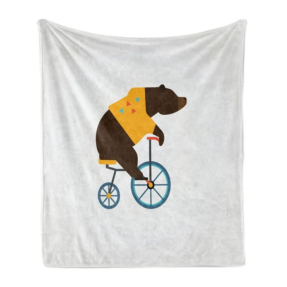 Bicycle Soft Flannel Fleece Throw Blanket, Big Teddy Bear of Circus Riding Bicycle with Hipster Costume Animal Image, Cozy Plush for Indoor and Outdoor Use, 60" x 80", Brown Yellow, by Ambesonne