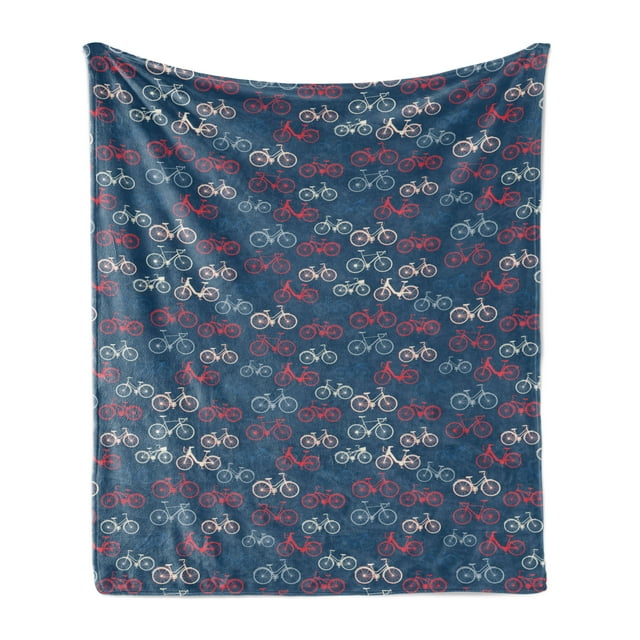Bicycle Soft Flannel Fleece Throw Blanket, City Race and Girls Bike Sketches in Different Colors Retro on Blue Background, Cozy Plush for Indoor and Outdoor Use, 50" x 60", Multicolor, by Ambesonne