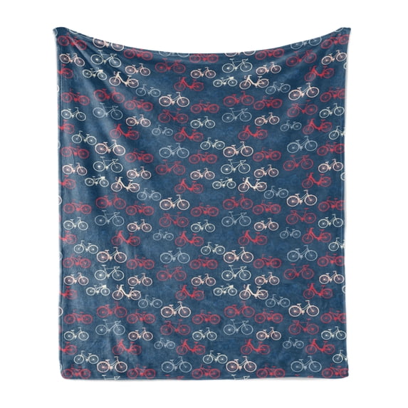 Bicycle Soft Flannel Fleece Throw Blanket, City Race and Girls Bike Sketches in Different Colors Retro on Blue Background, Cozy Plush for Indoor and Outdoor Use, 50" x 70", Multicolor, by Ambesonne