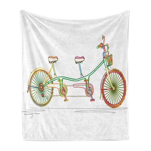 Bicycle Soft Flannel Fleece Throw Blanket, Colorful Tandem Bicycle Design on White Background Pattern Clipart Style Print, Cozy Plush for Indoor and Outdoor Use, 50" x 70", Multicolor, by Ambesonne