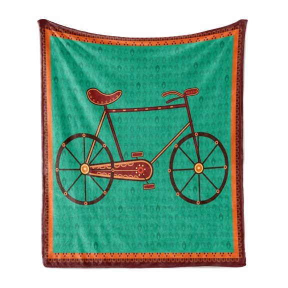 Bicycle Soft Flannel Fleece Throw Blanket, Design of a Bike in Desi Art Style Folkloric Framework, Cozy Plush for Indoor and Outdoor Use, 50" x 60", Green Brown Orange, by Ambesonne