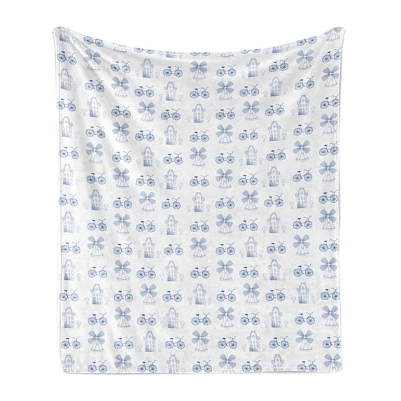 Bicycle Soft Flannel Fleece Throw Blanket, Dutch Ornament Drawings in Blue Windmill Narrow House Bicycle Topiary Tree, Cozy Plush for Indoor and Outdoor Use, 70" x 90", White Night Blue, by Ambesonne