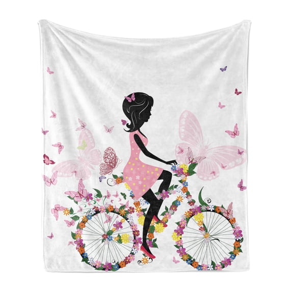 Bicycle Soft Flannel Fleece Throw Blanket, Girl in Pink Dress Riding a Bike Colorful Flowers and Romantic Butterflies, Cozy Plush for Indoor and Outdoor Use, 60" x 80", Multicolor, by Ambesonne