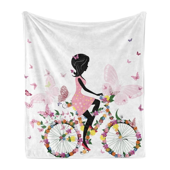 Bicycle Soft Flannel Fleece Throw Blanket, Girl in Pink Dress Riding a Bike Colorful Flowers and Romantic Butterflies, Cozy Plush for Indoor and Outdoor Use, 70" x 90", Multicolor, by Ambesonne
