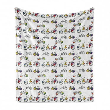 Bicycle Soft Flannel Fleece Throw Blanket, Hand Drawn Penny-Farthing Tandem and City Bikes Colored Rims Cartoon Style, Cozy Plush for Indoor and Outdoor Use, 50" x 60", Multicolor, by Ambesonne
