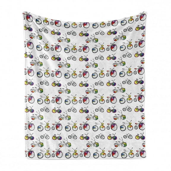 Bicycle Soft Flannel Fleece Throw Blanket, Hand Drawn Penny-Farthing Tandem and City Bikes Colored Rims Cartoon Style, Cozy Plush for Indoor and Outdoor Use, 50" x 60", Multicolor, by Ambesonne