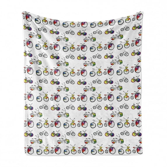 Bicycle Soft Flannel Fleece Throw Blanket, Hand Drawn Penny-Farthing Tandem and City Bikes Colored Rims Cartoon Style, Cozy Plush for Indoor and Outdoor Use, 50" x 60", Multicolor, by Ambesonne