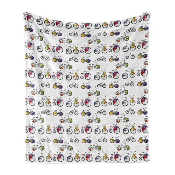 Bicycle Soft Flannel Fleece Throw Blanket, Hand Drawn Penny-Farthing Tandem and City Bikes Colored Rims Cartoon Style, Cozy Plush for Indoor and Outdoor Use, 60" x 80", Multicolor, by Ambesonne