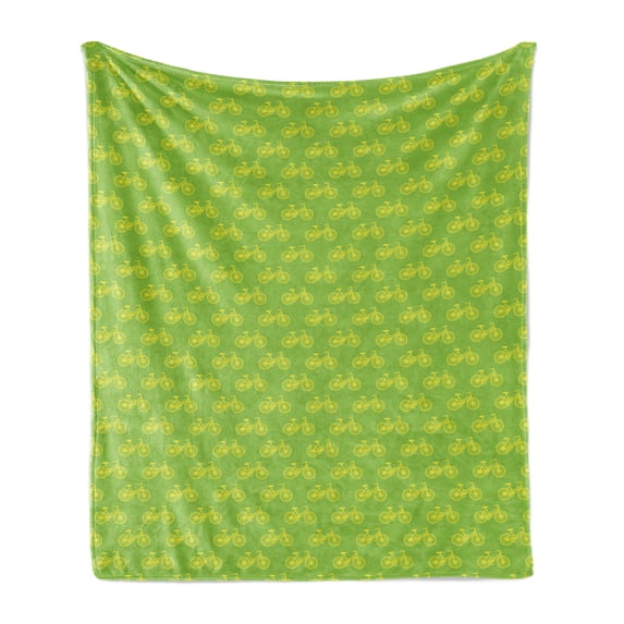 Bicycle Soft Flannel Fleece Throw Blanket, Illustration of Continuous 2 Wheel Items in Nature Tones Retro Feels, Cozy Plush for Indoor and Outdoor Use, 60" x 80", Lime Green and Yellow, by Ambesonne