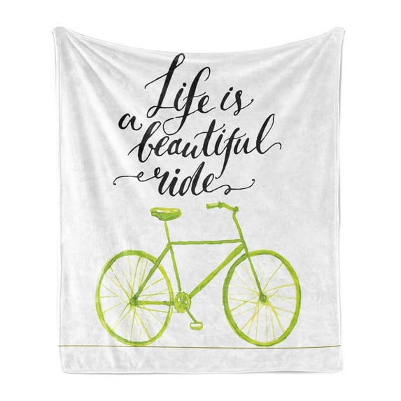 Bicycle Soft Flannel Fleece Throw Blanket, Life is a Bike Ride Words Print Pastel Color Unique Ride Graphic, Cozy Plush for Indoor and Outdoor Use, 50" x 70", Green Black, by Ambesonne