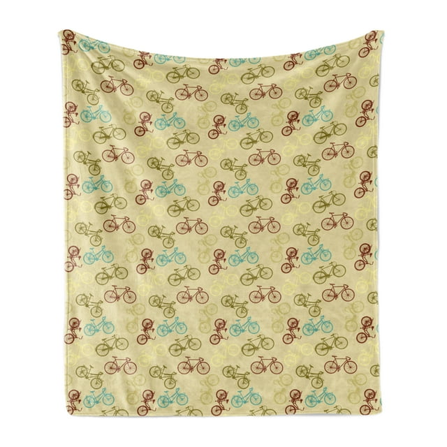 Bicycle Soft Flannel Fleece Throw Blanket, Retro Style Colorful Bicycle Pattern with Many Different Designs Summer, Cozy Plush for Indoor and Outdoor Use, 70" x 90", Multicolor, by Ambesonne