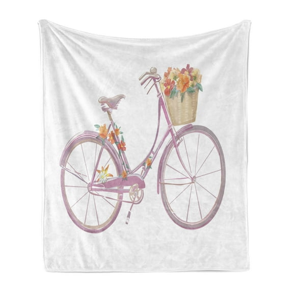 Bicycle Soft Flannel Fleece Throw Blanket, Watercolor Illustration of a Pink Bicycle with Flowers Romantic Vintage, Cozy Plush for Indoor and Outdoor Use, 60" x 80", Multicolor, by Ambesonne