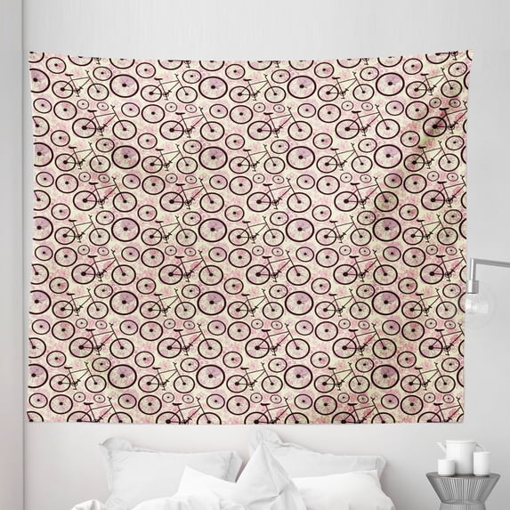 Bicycle Tapestry, Romantic Doodle Drawing with Pink Blossoms Fun Activity Youth, Fabric Wall Hanging Decor for Bedroom Living Room Dorm, 5 Sizes, Pale Yellow Dark Brown, by Ambesonne