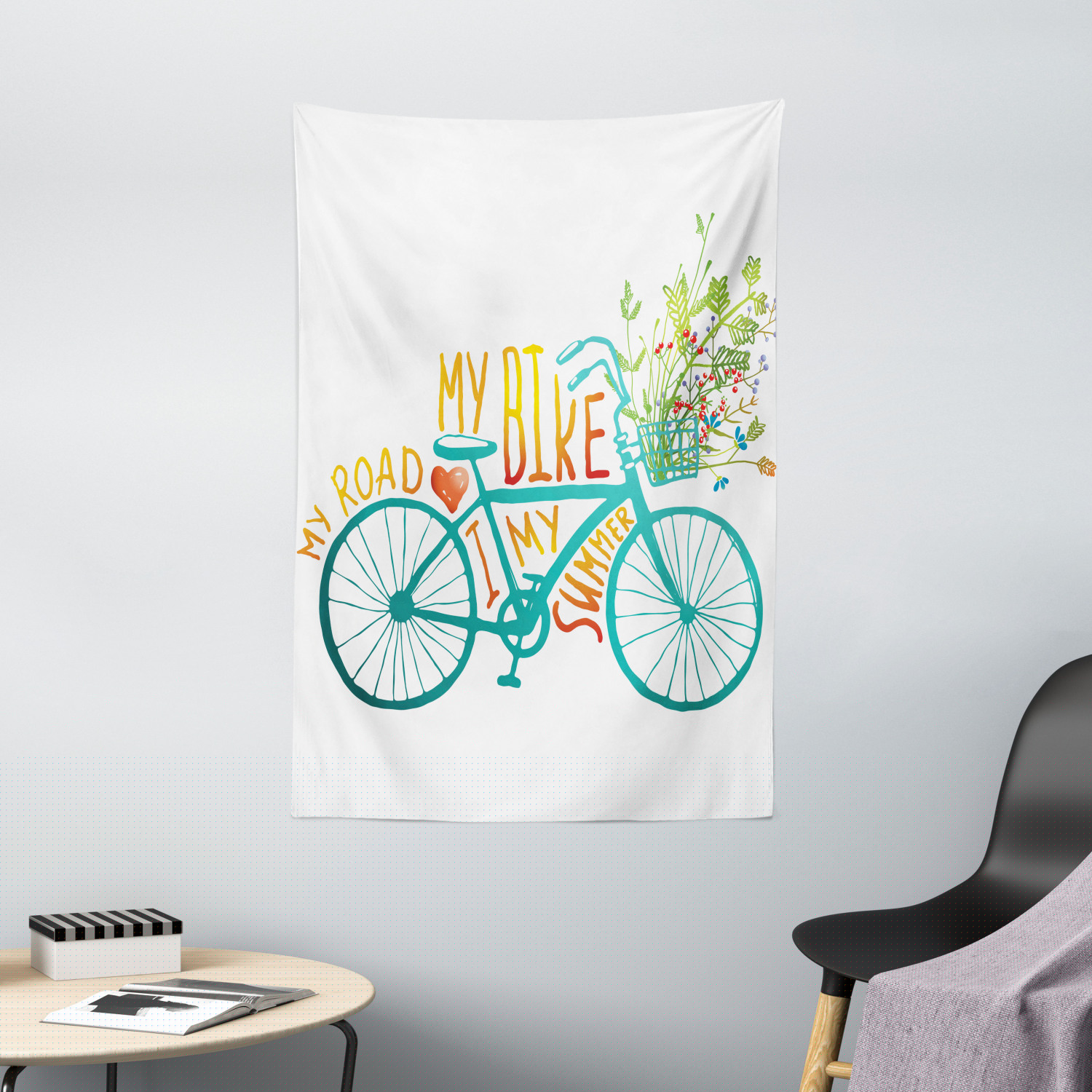 thumbnail image 1 of Bicycle Tapestry, Vintage Summer Bike A Floral Bouquet Cute Vehicle for Transport Illustration, Wall Hanging for Bedroom Living Room Dorm Decor, 40W X 60L Inches, Turquoise Yellow, by Ambesonne, 1 of 5