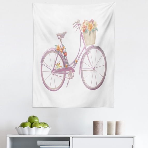 Bicycle Tapestry, Watercolor Illustration of a Pink Bicycle with Flowers Romantic Vintage, Fabric Wall Hanging Decor for Bedroom Living Room Dorm, 5 Sizes, Multicolor, by Ambesonne
