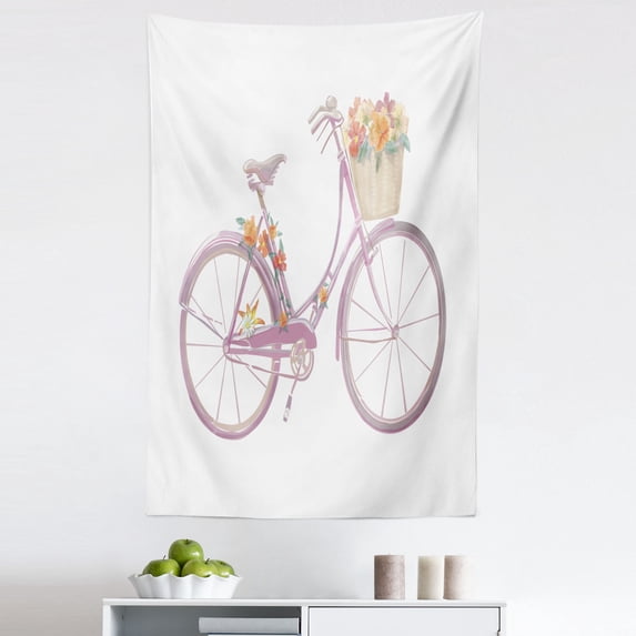 Bicycle Tapestry, Watercolor Illustration of a Pink Bicycle with Flowers Romantic Vintage, Fabric Wall Hanging Decor for Bedroom Living Room Dorm, 5 Sizes, Multicolor, by Ambesonne