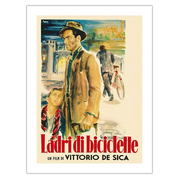 Bicycle Thieves (Ladri Di Biciclette) - Vintage Italian Film Movie Poster by Ercole Brini c.1948 - Fine Art Matte Paper Print (Unframed) 18x24in