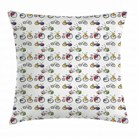 Bicycle Throw Pillow Cushion Cover, Hand Drawn Penny-Farthing Tandem and City Bikes with Colored Rims Cartoon Style, Decorative Square Accent Pillow Case, 16 X 16 Inches, Multicolor, by Ambesonne