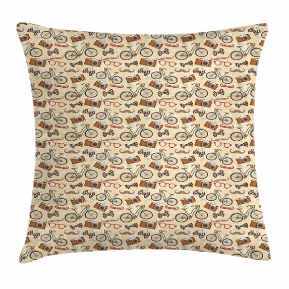 Bicycle Throw Pillow Cushion Cover, Hipster Gentleman's Vintage Accessories Bicycle Camera Bow Tie Handlebar Moustache, Decorative Square Accent Pillow Case, 18 X 18 Inches, Multicolor, by Ambesonne