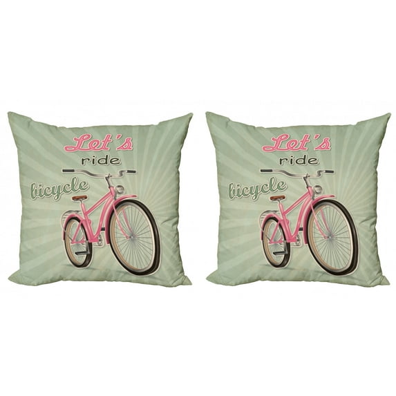 Ambesonne Vintage Throw Pillow Cover 2 Pack, Retro Pop Art Bike, 16", Green Pink