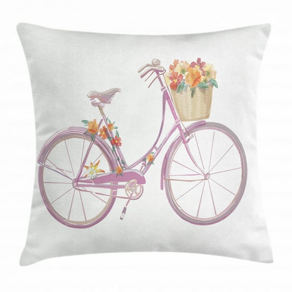 Bicycle Throw Pillow Cushion Cover, Watercolor Illustration of a Pink Bicycle with Flowers Romantic Vintage Artistic, Decorative Square Accent Pillow Case, 24 X 24 Inches, Multicolor, by Ambesonne