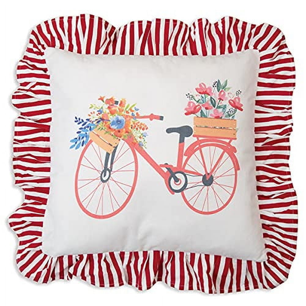 Red and White Bicycle Print Cotton Throw Pillow with Ruffle