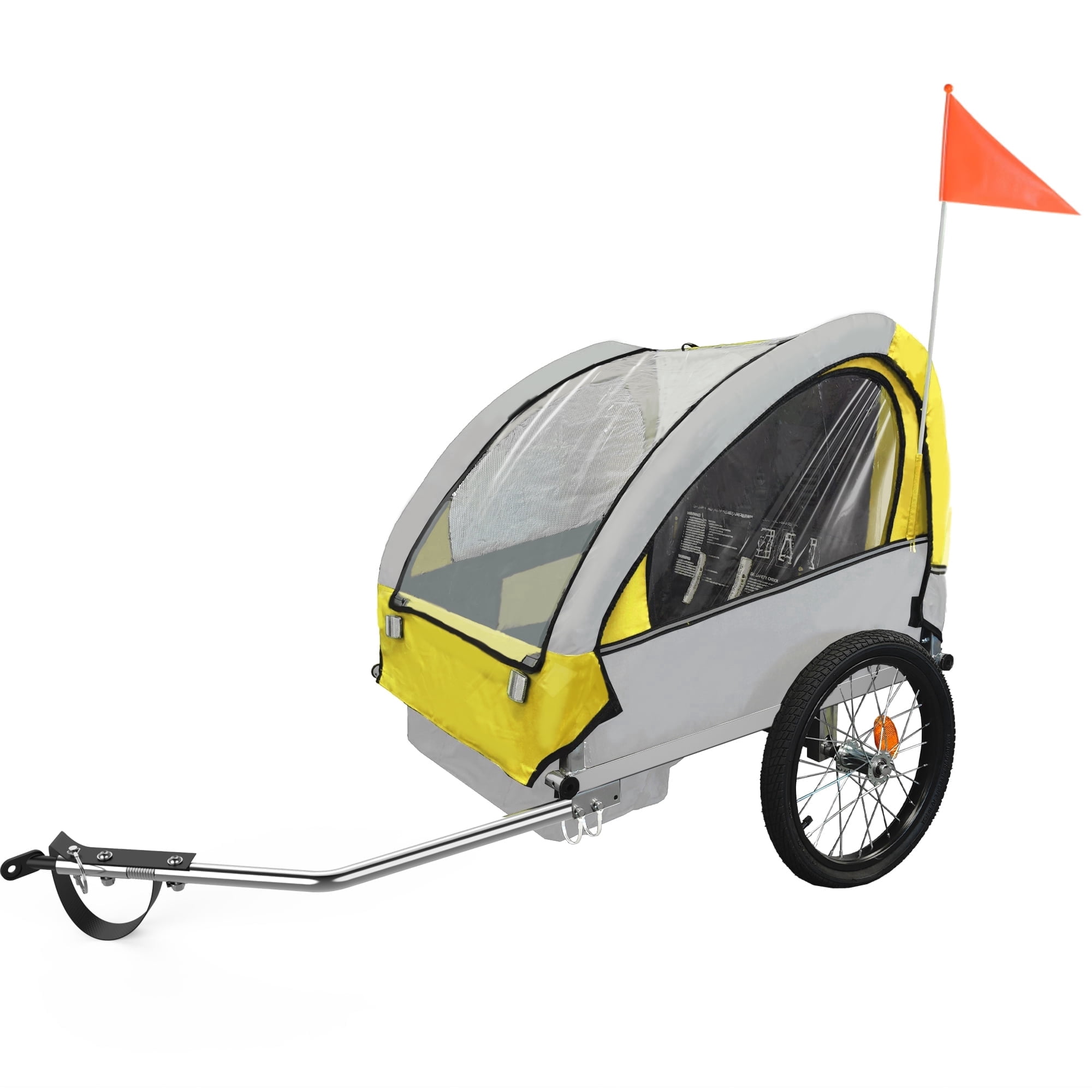 HIKEDIN Bicycle Trailer Double Seat Safety Brake Waterproof Sunshade Canopy 100 lbs Capacity Yellow and Gray 1 pack