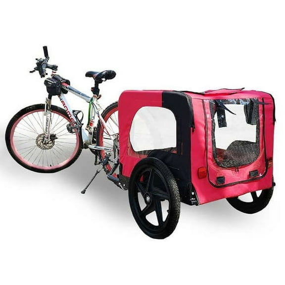 Bicycle Trailer For Pets Outdoor Foldable Dog Trailer with Reflectors and Safety Flag, Red