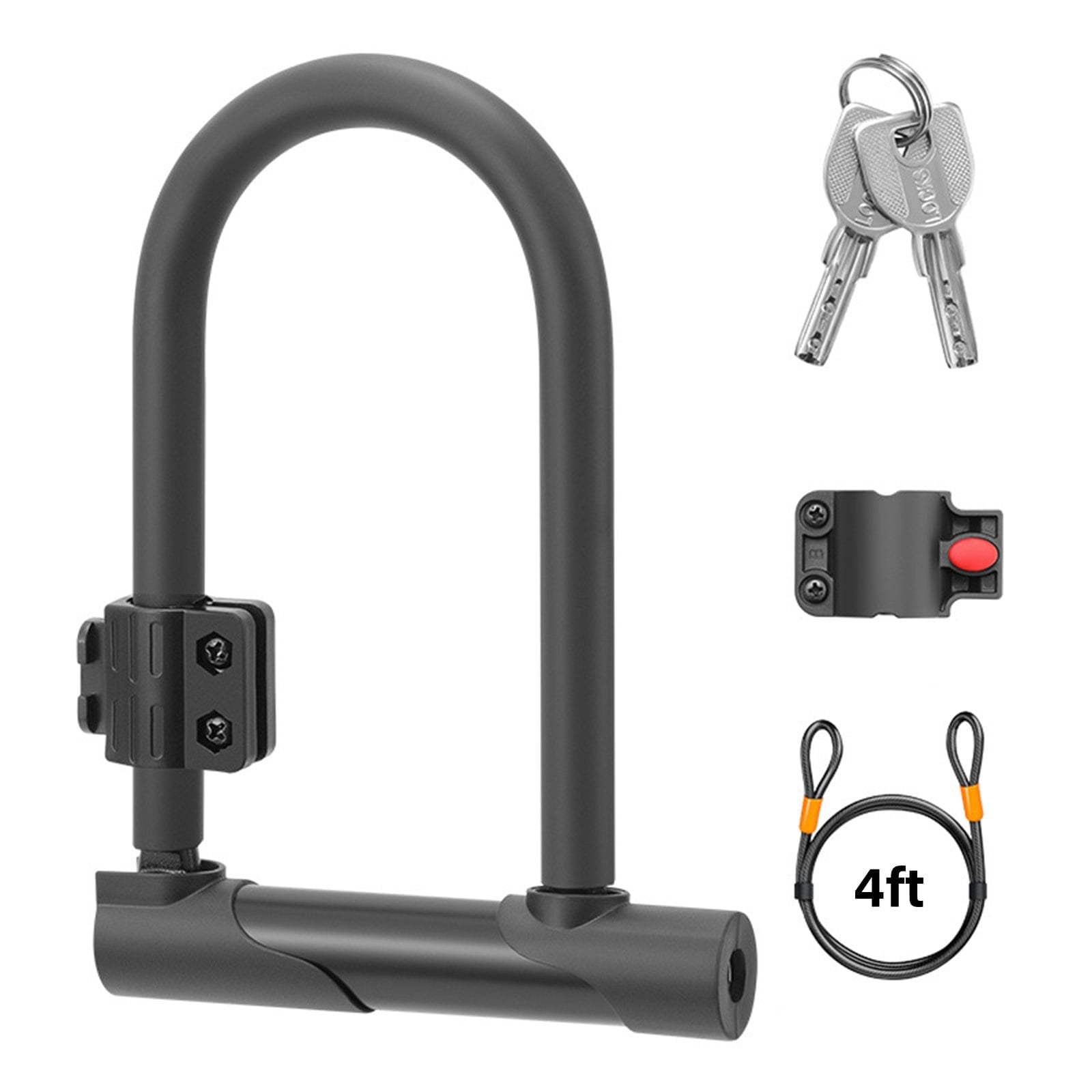 YYBD Bicycle U-Lock with 4ft Security Cable, Mounting Bracket and 2 Keys, Black, for Bicycles, Scooters, MTB, Road Bikes