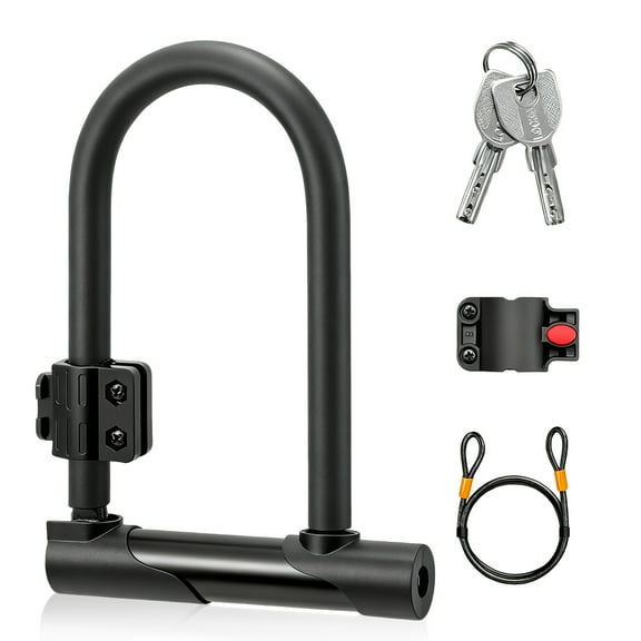 Bicycle U Lock with 4ft Security Cable, Bike Lock with 2 Keys and Mounting Bracket for Road, Mountain, Electric Bikes, Bicycle Lock