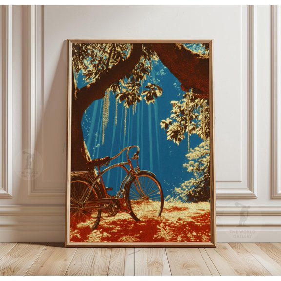 Bicycle Under Tree Sunlight Forest Scene Paper Poster